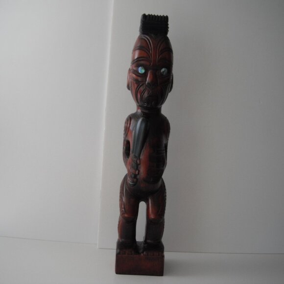 Vintage New Zealand Maori 19" Hand Carved Wood Teko Tiki Totem Statue Shell Eyes - Picture 7 of 8